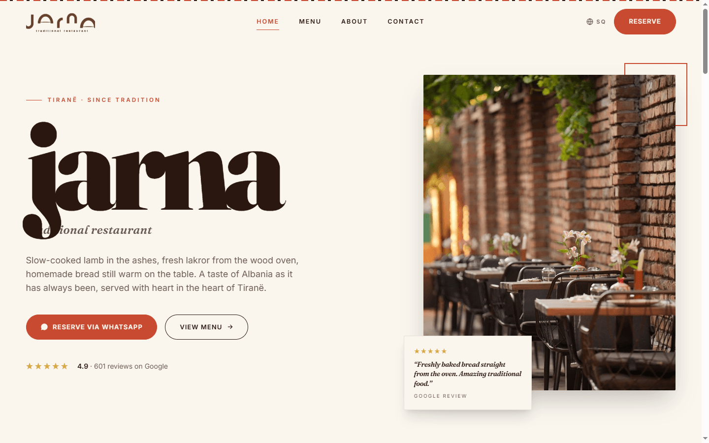 Jarna traditional restaurant landing page